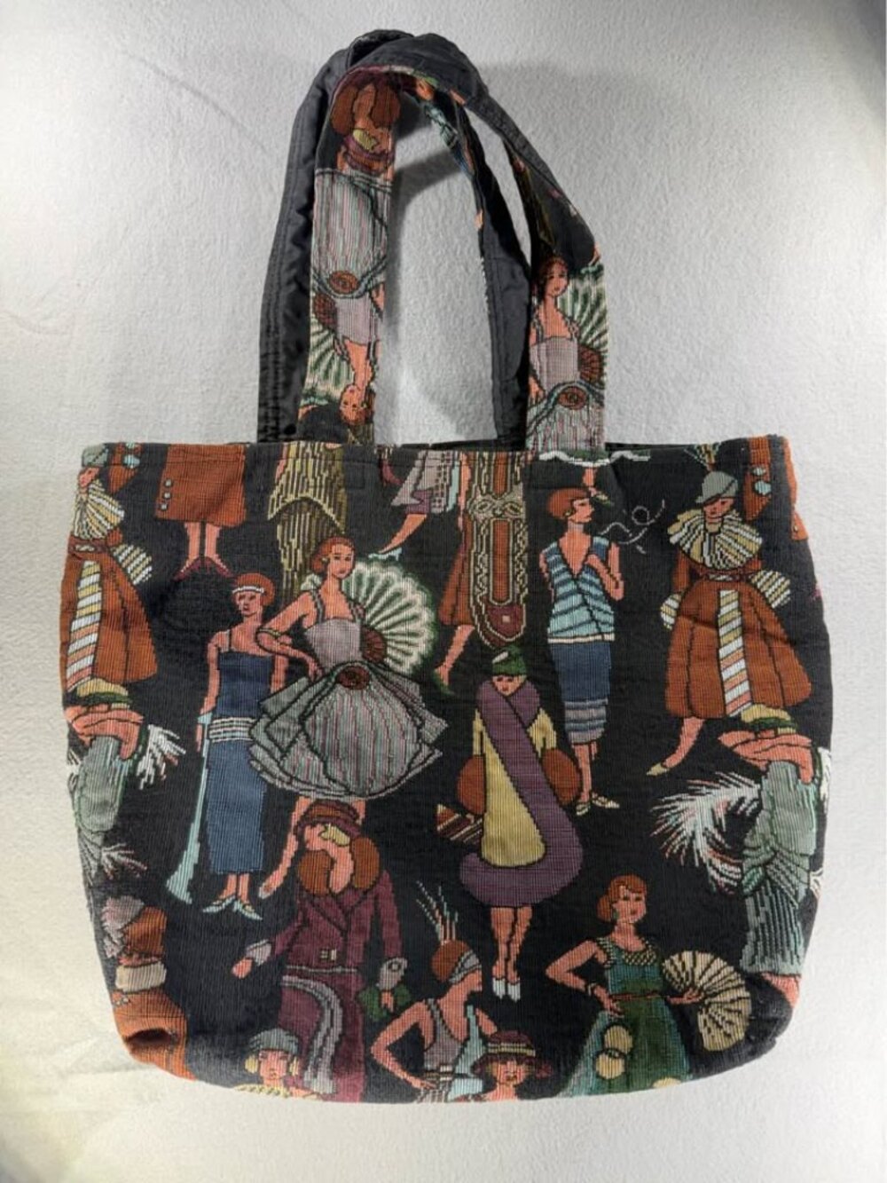 Vintage inspired tapestry woven tote bag
